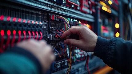 Connecting wires server technician at work fixing technology data center colorful cable organization networking