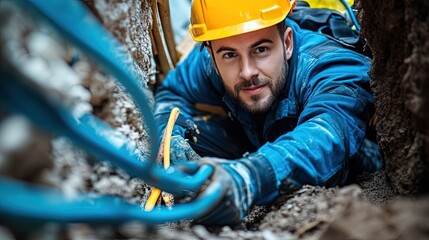 Skilled Professional in Protective Gear Inspecting Cables Underground Worker Focused on Cable Repair Work Expertise and