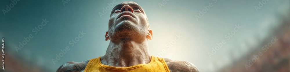 Poster Dynamic Javelin Athlete Preparing for Powerful Evening Throw in Packed Stadium with Focused Posture - Competitive Sports Promotion and Modern Athletic Excellence