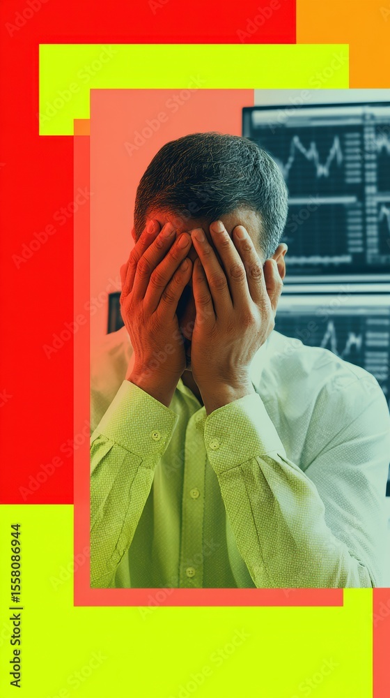 Poster stressed stock broker facing financial crisis in tech-driven trading room with negative market chart