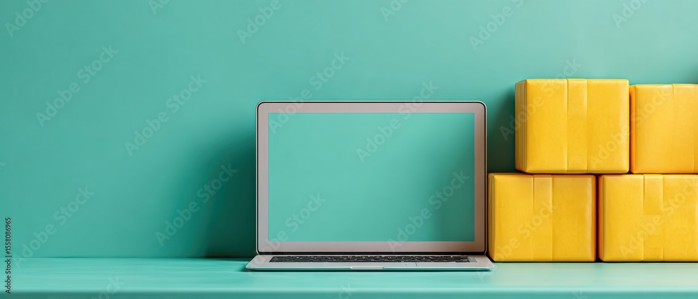 Poster modern laptop with inventory management software and bright packaging boxes on desk for efficient di