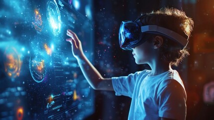 A young boy wearing a VR headset, interacting with a digital interface, in a dark, illuminated room with glowing lights and holographic elements.