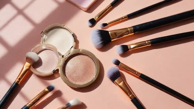 Makeup Essentials &ndash; Blush, Brushes, Compact Powder, and Lipstick on a Pink Surface