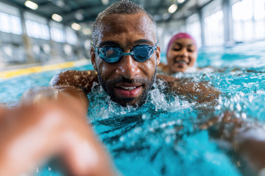 Personal coach encouraging swimmer when swimming indoors in swimming pool