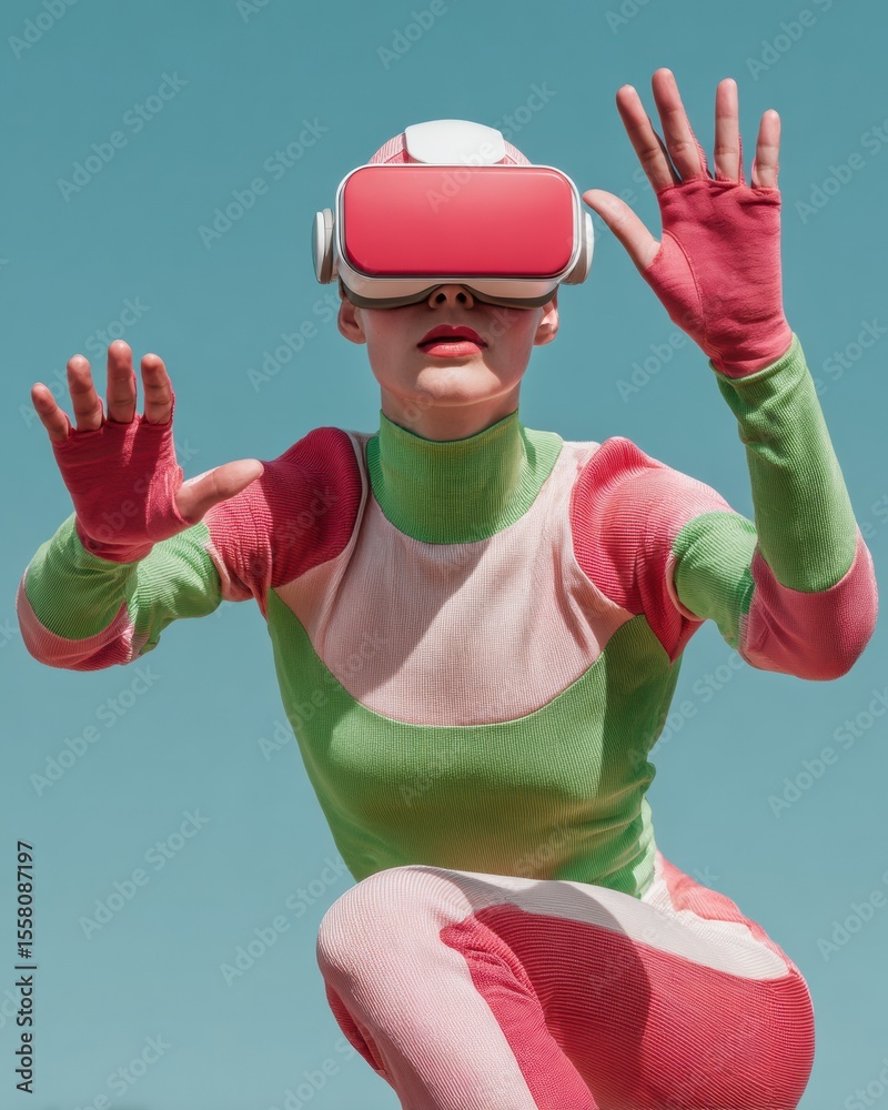Poster woman in colorful haptic suit using vr headset reaching out in open space showcasing immersive virtu