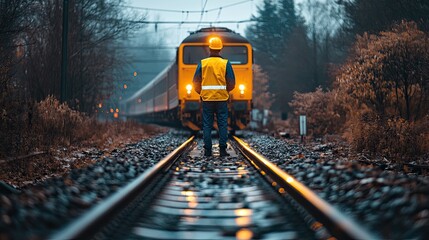 Rail worker safety inspection with train approaching portrait safety conscious high visibility vest work train rail