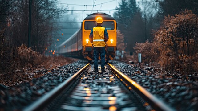 Rail worker safety inspection with train approaching portrait safety conscious high visibility vest work train rail