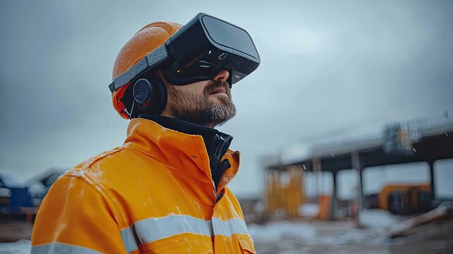 Construction worker with VR headset virtual reality safety immersive experience industrial metaverse training future man