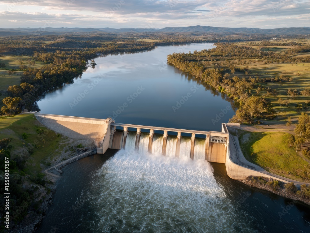 Poster aerial view of large dam flood barrier controlling river water flow with release gates and surroundi