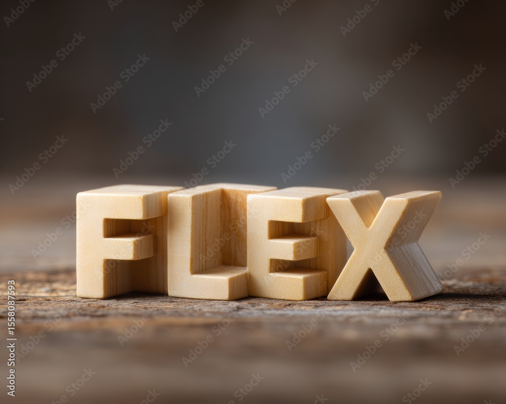 Aufkleber Wooden Blocks Spelling FLEXI on Rustic Table Symbolizing Workplace Flexibility and Dynamic Scheduling for Modern Business and Marketing Campaigns