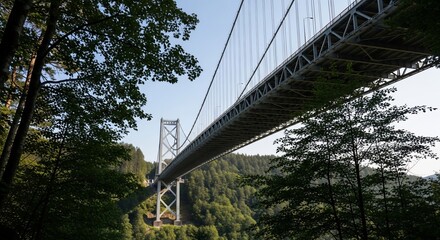 Fototapeta premium Suspension Bridge Spanning Lush Green Valley, Framed by Trees, Clear Sky