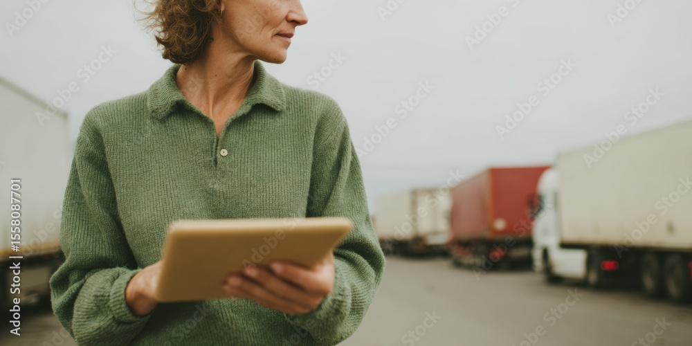 Poster fleet management specialist using digital tablet for route optimization with delivery trucks in rain