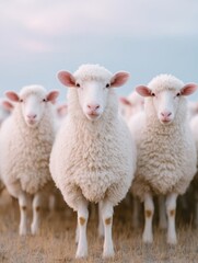 Fototapeta premium Sustainable livestock show featuring expert goat handlers presenting quality sheep in uniform coats on grass, highlighting tradition and animal husbandry care