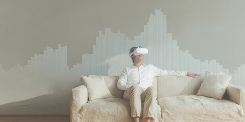 Businessman using VR headset for immersive financial simulation with digital graphs on sofa, showcasing future investment and digital transformation