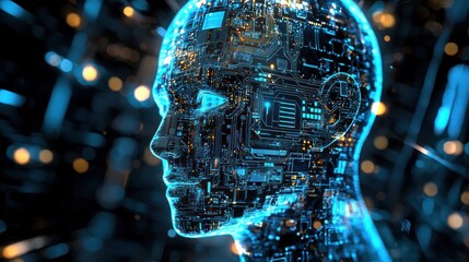 A futuristic, digital head with glowing blue circuitry and neon lights, set against a dark, industrial background with glowing lights and structures.