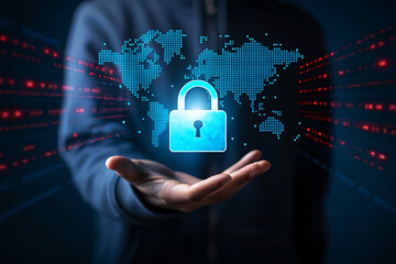 Global digital security concept with a glowing padlock and world map