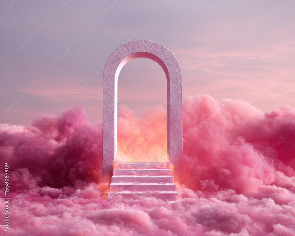 Poster Surreal Eternal Flame Archway in Pink Clouds Symbolizing Passage Between Light and Fire for Conceptual Branding and Modern Digital Marketing