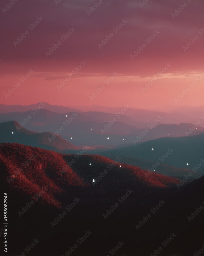 Poster Secure Network Encryption Visualization Over Scenic Mountain Landscape at Sunset Representing Robust TLS SSL Protocols for IT and Cybersecurity Marketing
