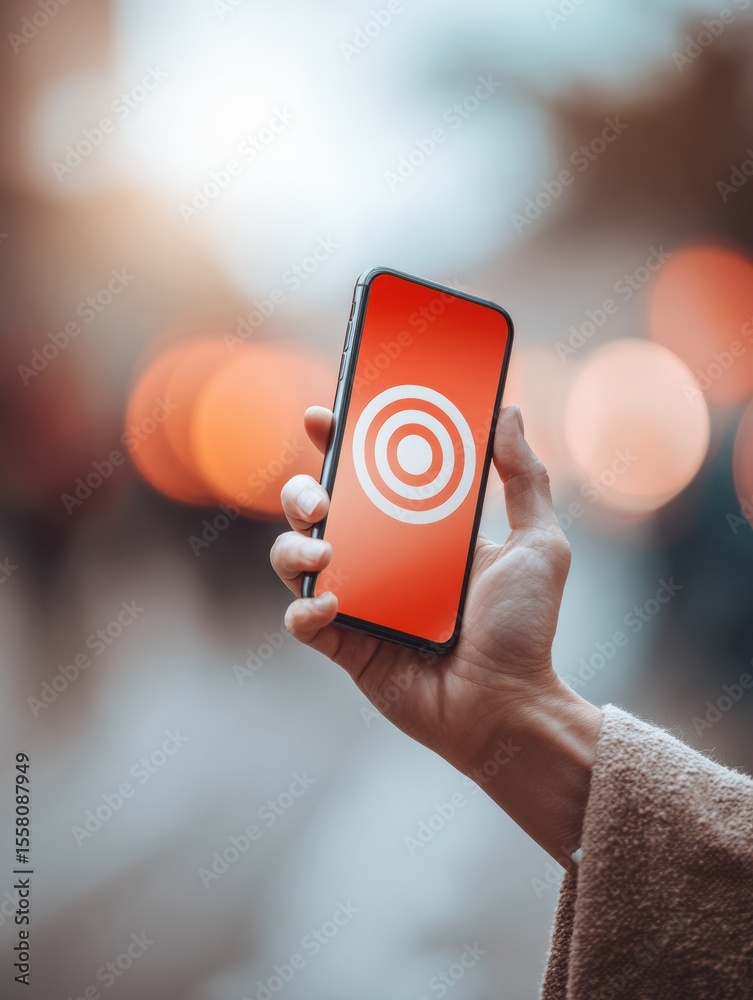 Poster modern smartphone displaying emergency contact icon in hand with blurred city lights background - pe