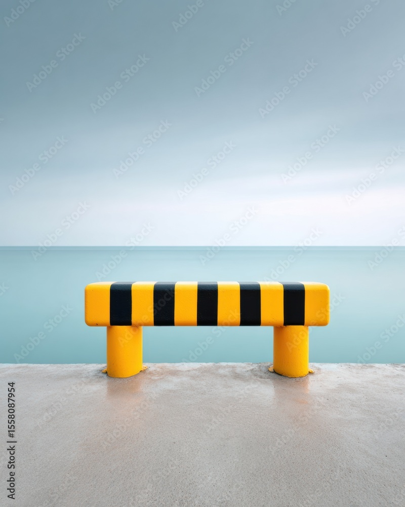 Poster minimalist travel ban barrier with black and yellow stripes by calm seaside - visual metaphor for mo