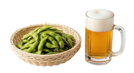 Edamame appetizer with a glass of beer isolated PNG with Transparent Background
