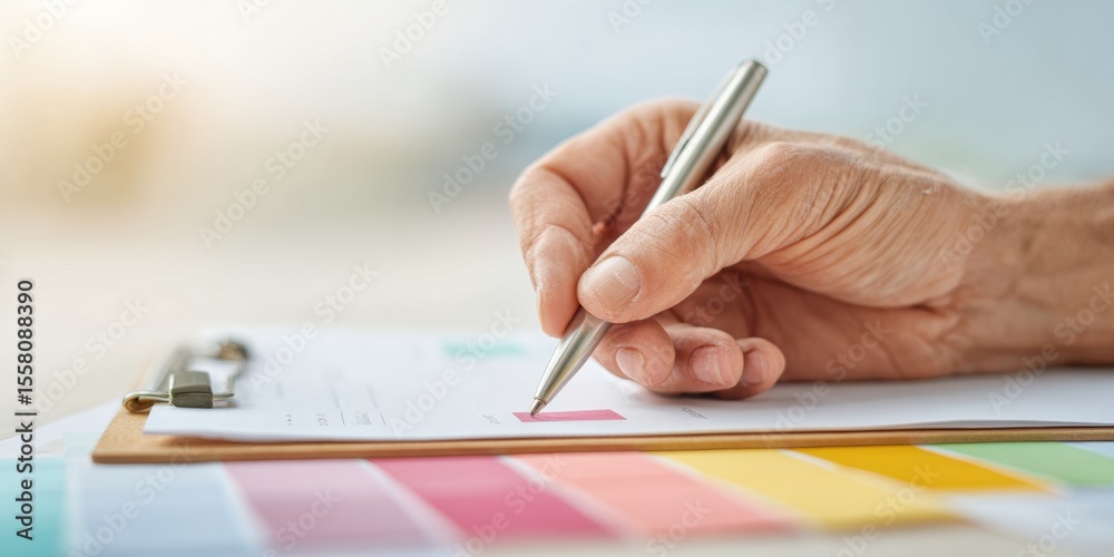 Aufkleber decision engine engineer reviewing safety risk assessment on clipboard with color matrix chart - ind