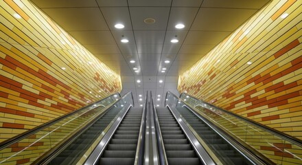 Obraz premium Symmetrical escalators rise with bright, warm-toned tiled walls.