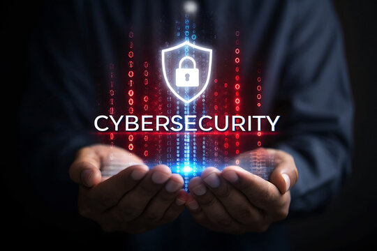Cybersecurity concept with glowing shield and padlock held in hands