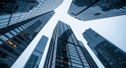 Fototapeta premium Upward Gaze at Gleaming Skyscrapers Against a Pale Sky, Urban Majesty