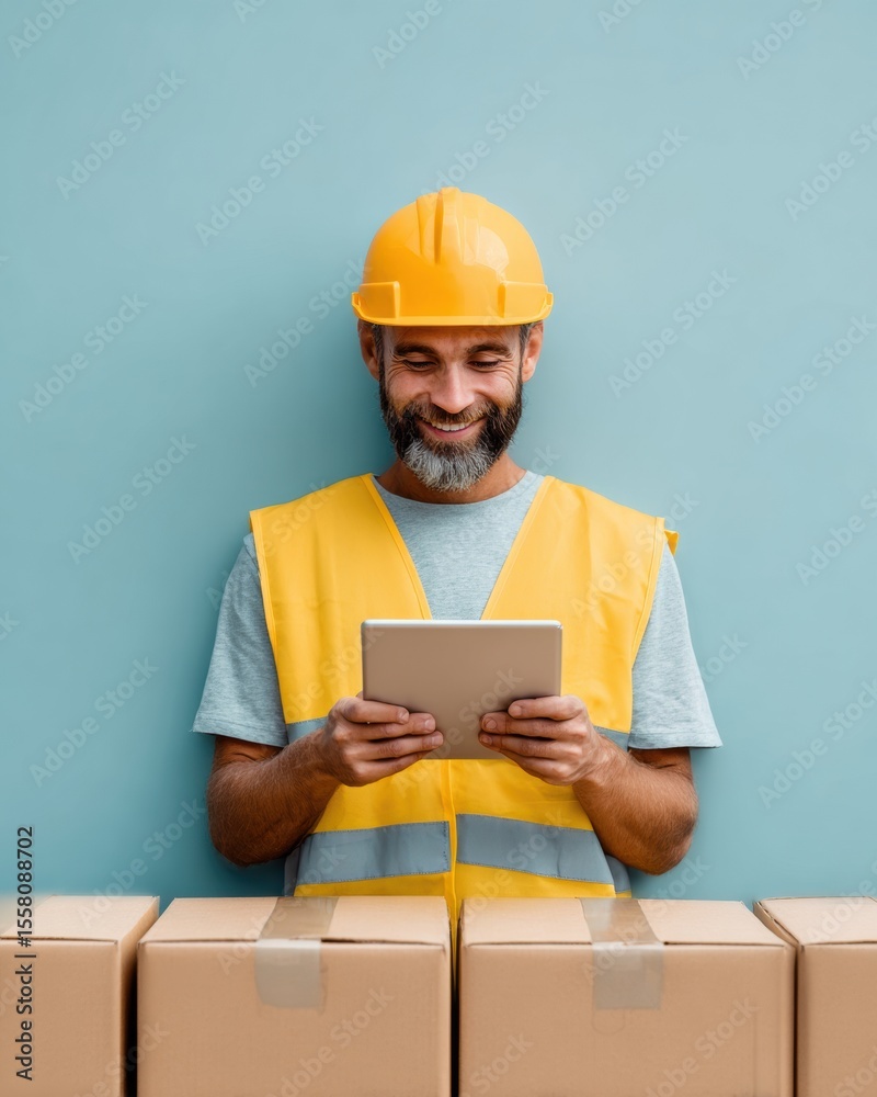 Poster Smiling Warehouse Worker in Safety Vest Using Tablet for Inventory Management in Modern Distribution Center - Efficient Logistic Operations with Digital Tools