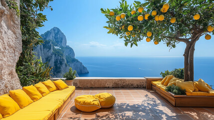 A beautiful view of the ocean with a yellow patio set. The patio is filled with potted plants and a few chairs