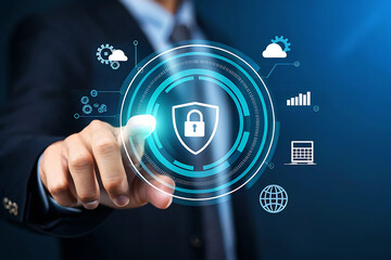 Businessman touches futuristic digital interface with security shield and icons