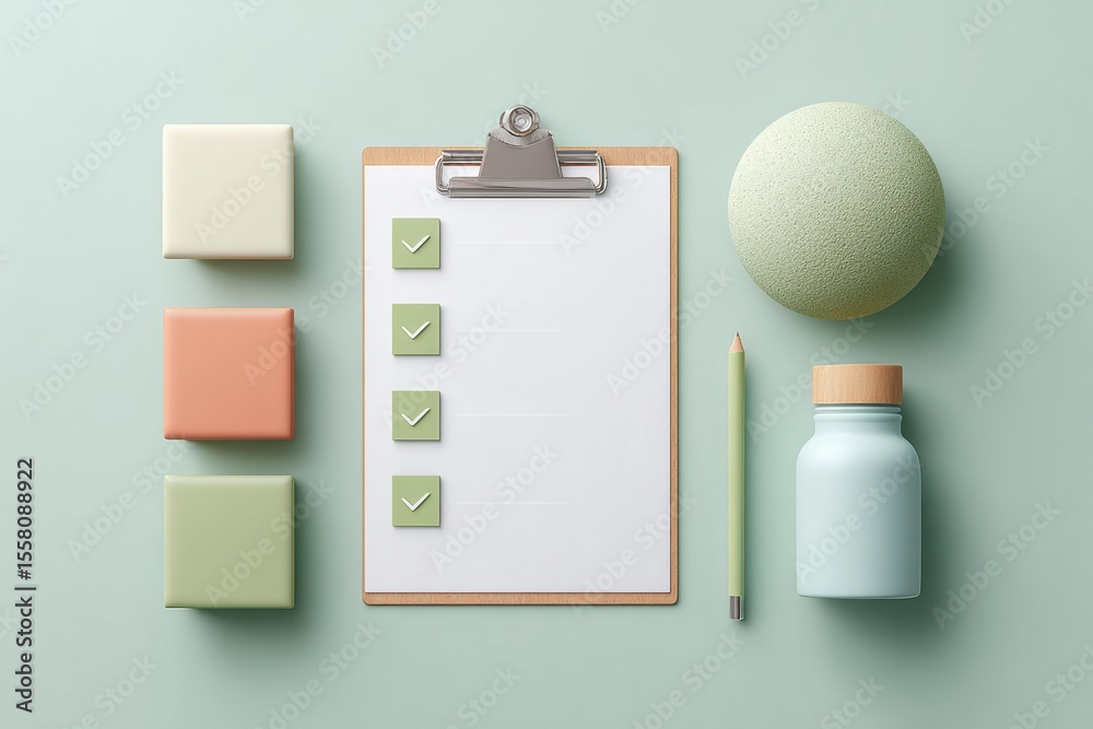 Aufkleber Minimalist Workspace Flatlay with Clipboard Checklist and Green Check Marks Highlighting Productivity and Modern Business Efficiency