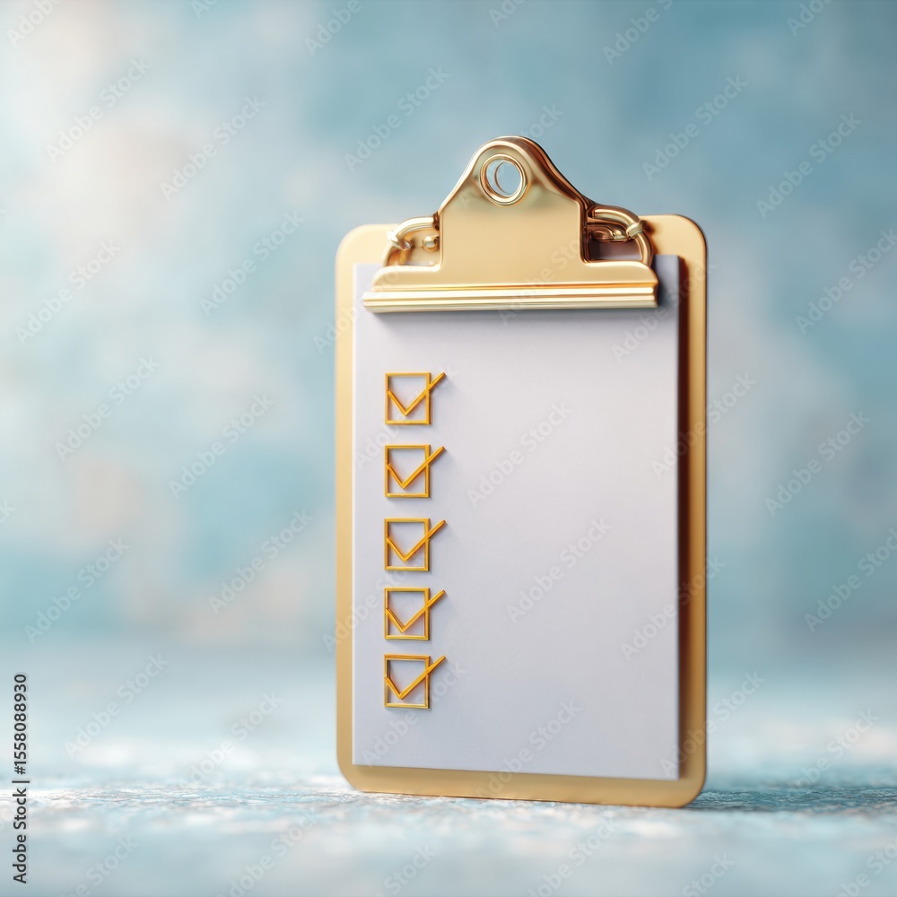 Poster modern gold clipboard with completed checklist in minimalist office setting symbolizing productivity