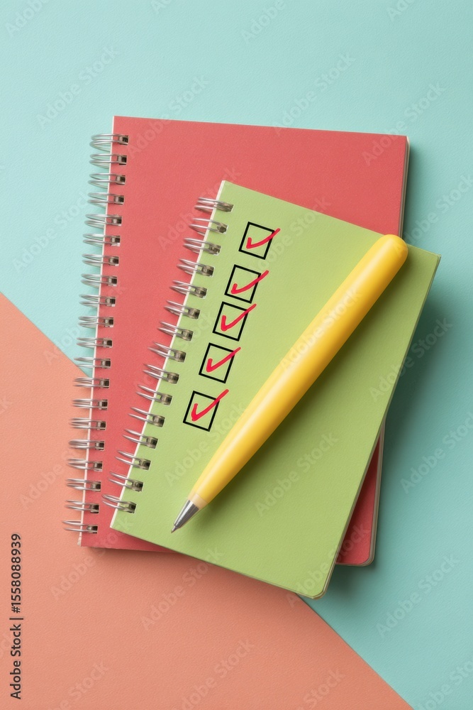 Poster modern productivity checklist with notepads and yellow pen on pastel background for planning, task m