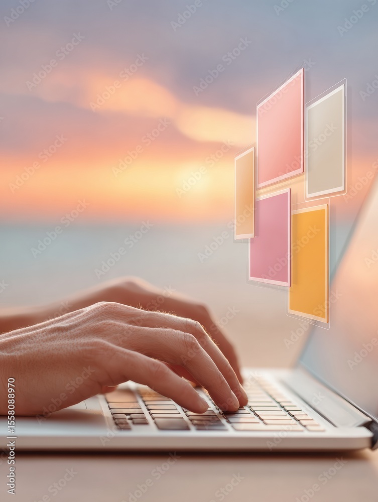 Poster Modern Chatbot Interface on Laptop Keyboard with Floating Virtual Icons for AI Customer Support and Conversational Technology Innovation