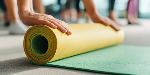 Hands rolling yellow yoga mat in fitness studio with blurred group exercising lunges, symbolizing community practice and readiness for wellness