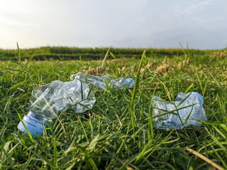 Plastic waste in the fields. Plastic pollution in rice farming. Plastic bottle waste in rice...