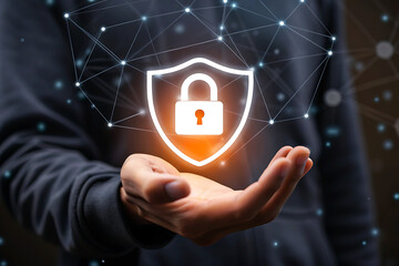 Person holding a glowing digital shield with a padlock symbol representing cybersecurity