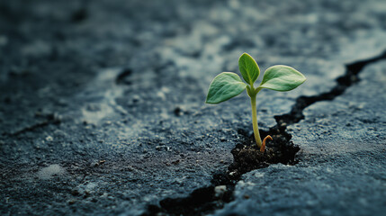 A small green plant is growing in the middle of a rocky, cracked ground. The plant is surrounded by a barren landscape, with no other vegetation in sight. Concept of resilience and hope