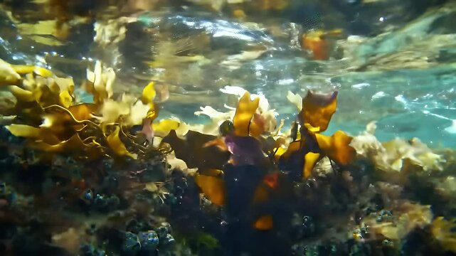 Golden Brown Seaweed Underwater View Sunlight Filtering Through Shallow Ocean Water With Rocky Seabed And Marine Life