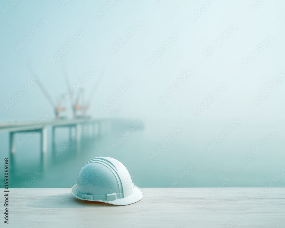 Poster Minimalist Bridge Construction Scene with Hard Hat and Cranes in Foggy Background Highlighting Engineering Precision and Project Planning for Business Use