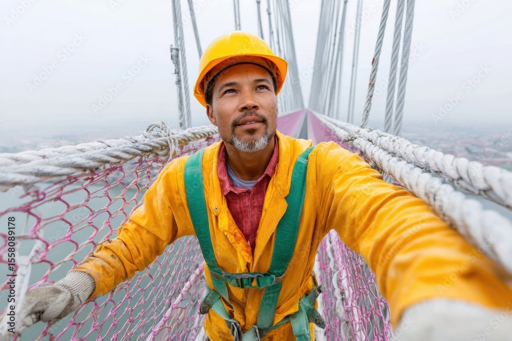 Poster bridge inspection engineer wearing safety harness on suspended structure overlooking cityscape, emph