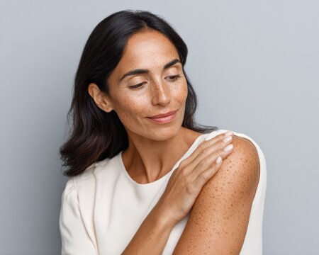 Modern Skin Cancer Awareness Woman Examining Arm Mole in Indoor Minimalist Setting for Dermatology Prevention and Self-Examination Education