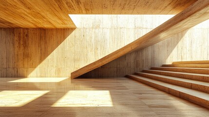 A wooden staircase with a concrete wall and a large window in the background.