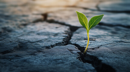 A small green plant is growing in the middle of a rocky, cracked ground. The plant is surrounded by a barren landscape, with no other vegetation in sight. Concept of resilience and hope