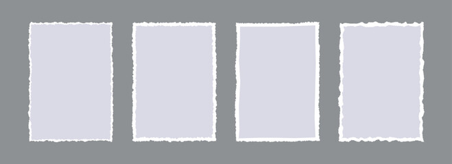 Grey torn paper frame backgrounds. Gray blank sheet wallpapers with jagged edges. Ripped grunge element bundle for poster, text box, banner, collage, sticker. Vector rectangle craft backdrops