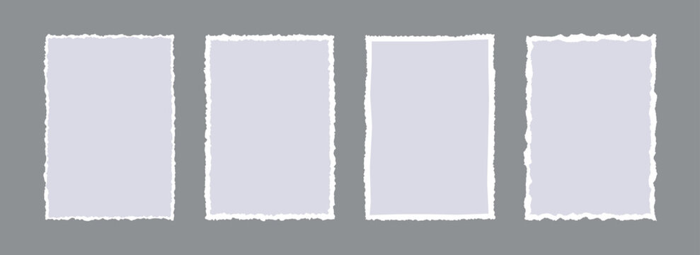 Grey torn paper frame backgrounds. Gray blank sheet wallpapers with jagged edges. Ripped grunge element bundle for poster, text box, banner, collage, sticker. Vector rectangle craft backdrops