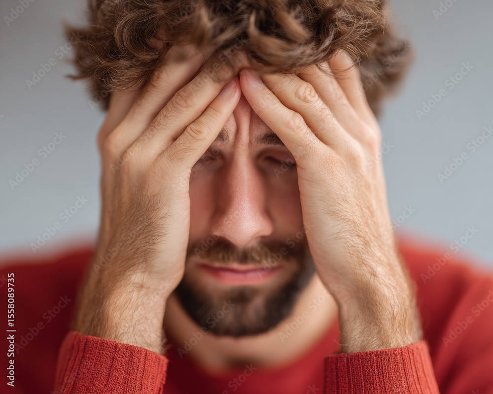 Poster Stressed Trader with Head in Hands Experiencing Financial Market Crash Anxiety in Modern Workplace with Multiple Screens and Cluttered Desk