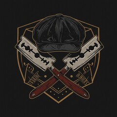 Vintage Flat Cap and Crossed Straight Razors Emblem
